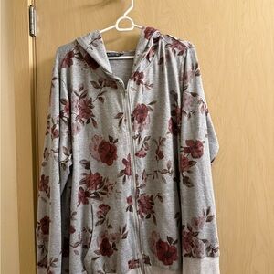 Floral Gray and Red Zip-Up Hoodie